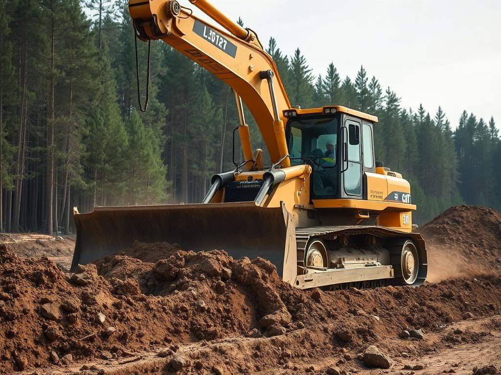 A close-up shot of heavy machinery clearing land, with a focus on a bulldozer pushing dirt. The background shows a forested area being transformed into a construction site. The image captures the power and precision of the equipment in action, highlighting the transformation of the terrain.