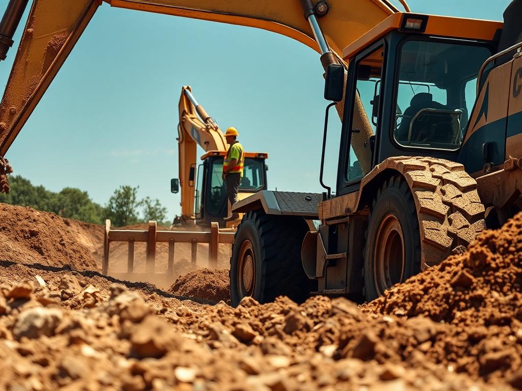 A focused close-up shot of heavy machinery in action, clearing land and excavating soil, with a construction worker overseeing the operation in a vibrant, sunny environment, hyper-realistic detail.