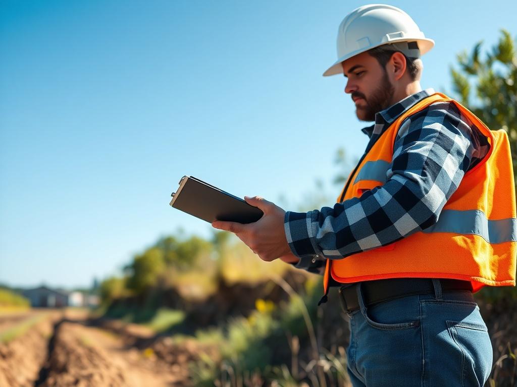 A hyper-realistic close-up shot of a construction site assessment in progress, showcasing a contractor examining the land with a clipboard in hand, surrounded by natural landscape, bright lighting.