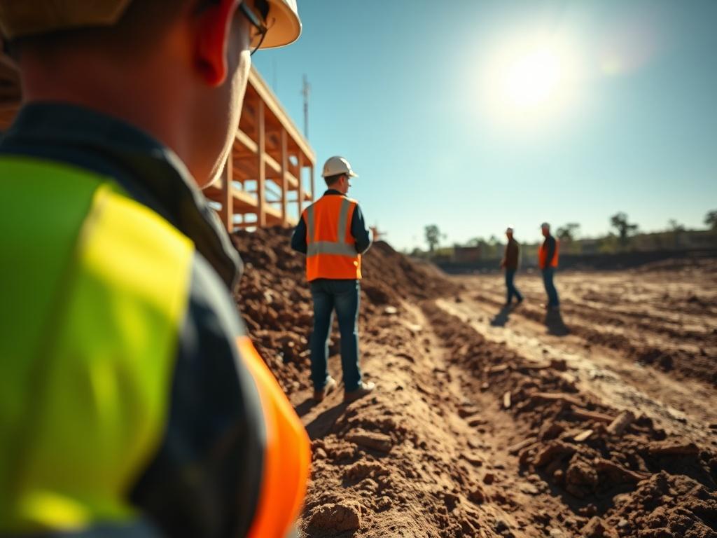 A hyper-realistic close-up of a construction site after land clearing, showing a clean, leveled area with a contractor and client reviewing the site together, bright and clear sky in the background.