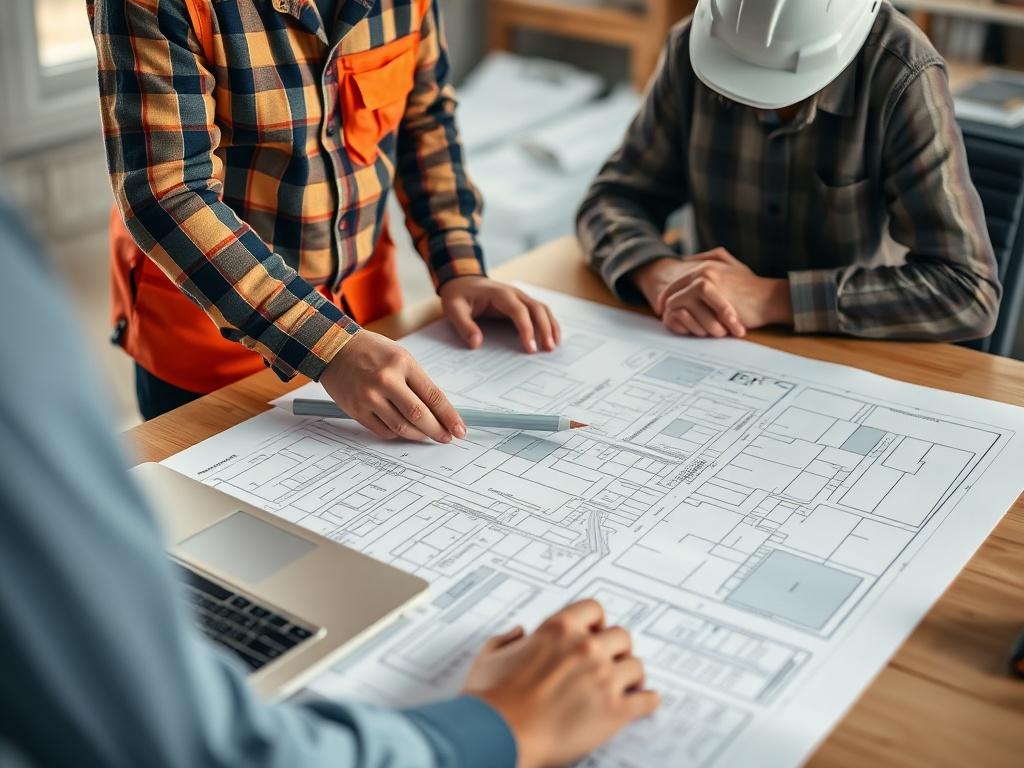 A close-up shot of a construction consultation meeting, with a contractor and a client discussing land plans over a table with blueprints and a laptop, warm lighting, hyper-realistic detail.