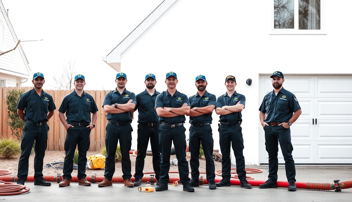 Professional team of plumbers on a residential job site