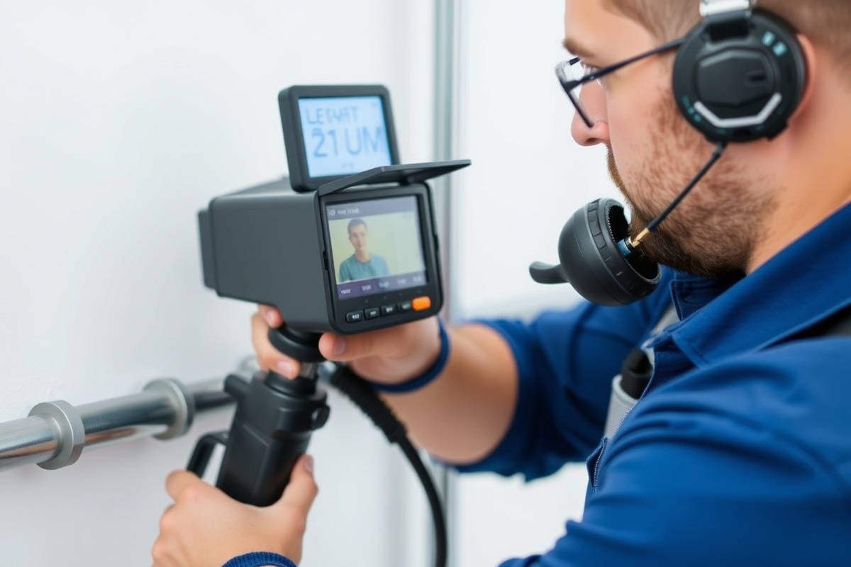 Close-up of professional plumber using advanced diagnostic equipment to inspect pipes