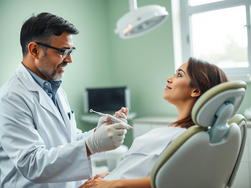 A serene dental clinic setting with a caring dentist interacting