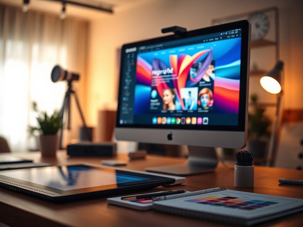 A close-up shot of a designer’s workspace featuring a high-resolution computer screen displaying a vibrant website design. The background is softly blurred to emphasize the screen, with tools like a graphics tablet, sketchpad, and color palette nearby. The lighting is warm and inviting, creating a professional yet creative atmosphere. The image should reflect a sense of innovation and creativity, shot with a 45mm f/1.2 lens for a hyper-realistic effect, compatible with the rgb(50, 170, 39) primary color.