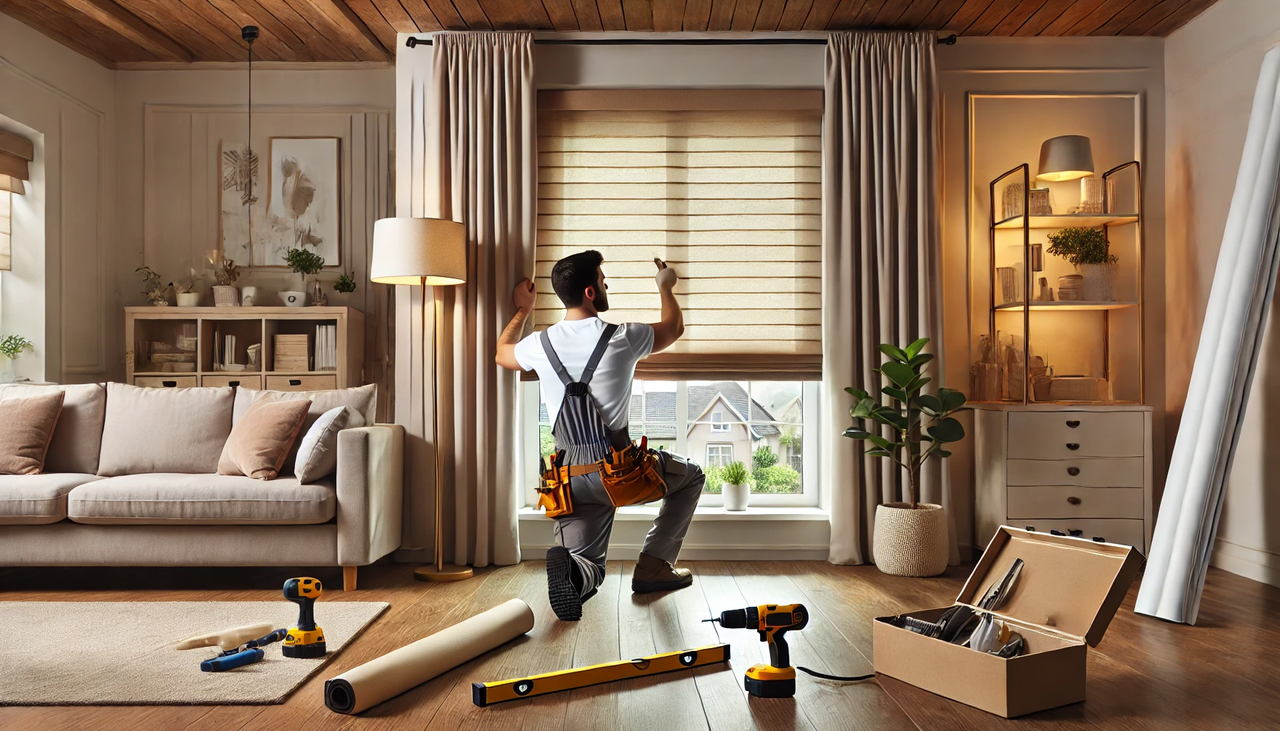 dall·e 2025-03-10 18.50.00 - a professional installer in a clean uniform installing blinds and curtains in a modern house interior. the worker is carefully mounting stylish blinds.webp