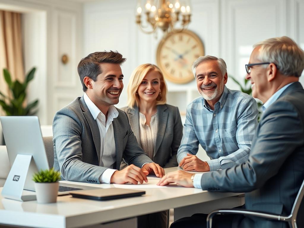 A helpful man in his mid-40s, dressed in business casual attire, is sitting at a modern desk talking to a happy couple in their early 50s. The couple appears engaged and professional, yet relaxed, showcasing a warm and inviting atmosphere. The background is bright and airy, featuring soft colors and elegant decor that suggest a welcoming environment. The focus is on the interaction between the man and the couple, emphasizing their positive expressions and connection. The image should evoke a sense of trust 