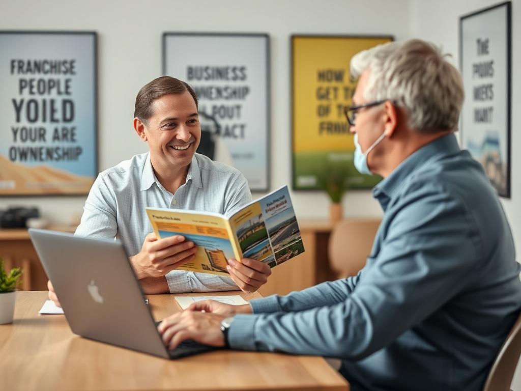 A friendly, professional franchise consultant engaging in a one-on-one meeting with a prospective franchisee. The setting is bright and welcoming, with a clean desk and a laptop. The consultant is Caucasian, smiling, and gesturing towards a franchise brochure. The prospective franchisee, a middle-aged professional looking engaged and hopeful, is seated across the desk. The background has motivational posters about business ownership. The image is captured in hyper-realistic detail with a depth of field to f