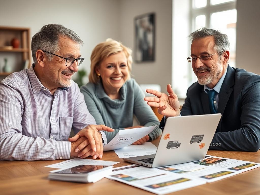 A close-up shot of a happy middle-aged couple, both Caucasian, sitting at a table with a laptop open in front of them, discussing franchise options with a consultant. The atmosphere is bright and inviting, with documents and franchise brochures spread out on the table. The couple looks engaged and excited, pointing at the screen, while the consultant, a friendly Caucasian male, gestures towards the laptop. The background is softly blurred to keep the focus on the trio.