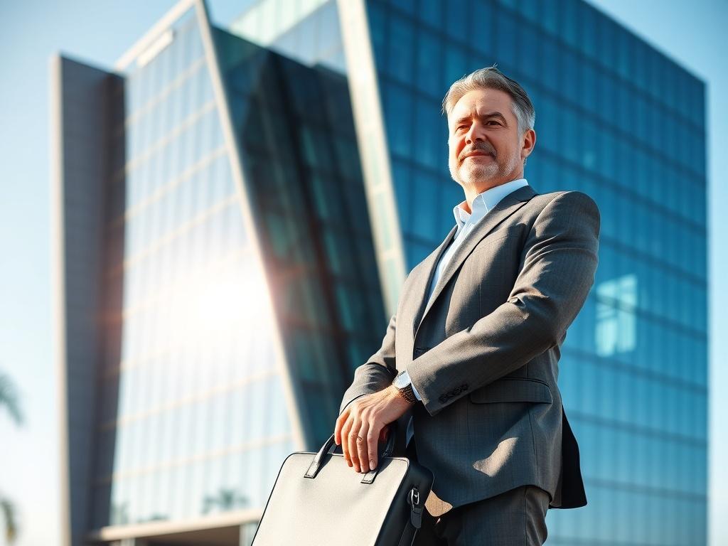 An inspiring shot of a middle-aged professional, Caucasian male, standing confidently in front of a modern office building with a briefcase in hand, symbolizing success in franchising. The background features a clear blue sky and the building's sleek glass façade reflects ambition. The focus is on the man's confident posture, dressed in business attire, exuding a sense of achievement and determination. The image is captured with a shallow depth of field to emphasize the subject.