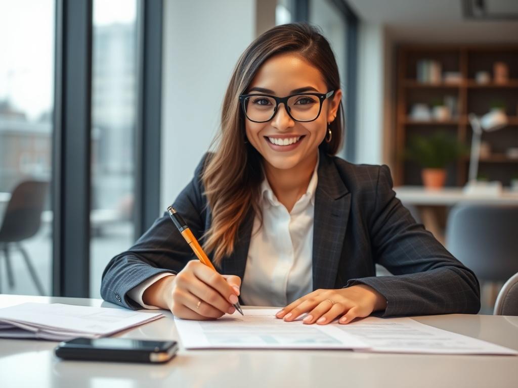 A close-up shot of a confident individual signing a franchise agreement in a modern office, surrounded by documents and smiling, indicating excitement and commitment to their new venture.