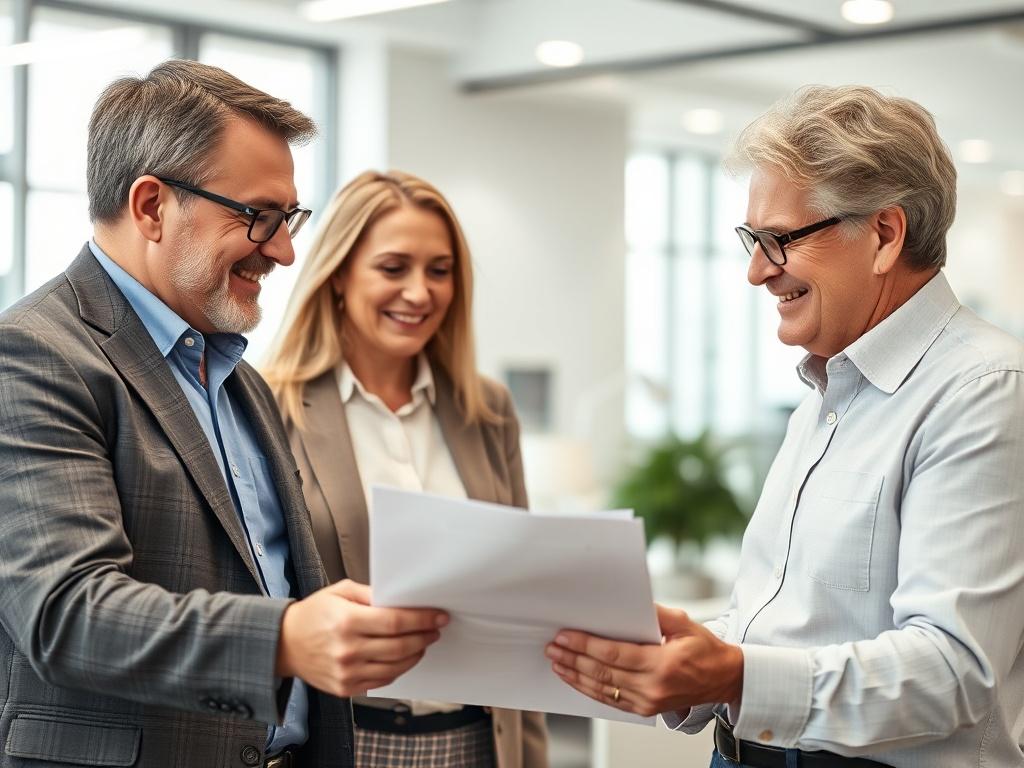 A close-up shot of a happy, professional middle-aged couple talking with a franchise consultant in a modern office setting. The consultant is reviewing documents with them, showcasing a positive and engaging atmosphere.