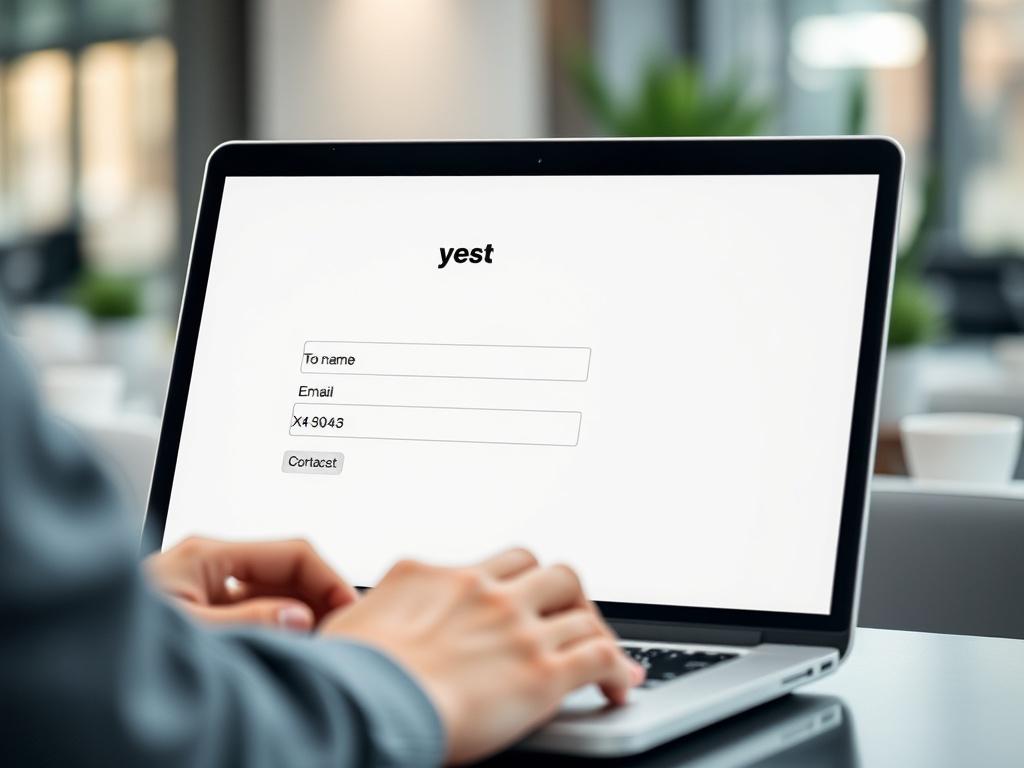 A close-up shot of a laptop screen displaying a simple online contact form with fields for name, email, and phone number, set in a sleek, modern workspace, with a professional person typing their information. The background is softly blurred to focus on the screen.