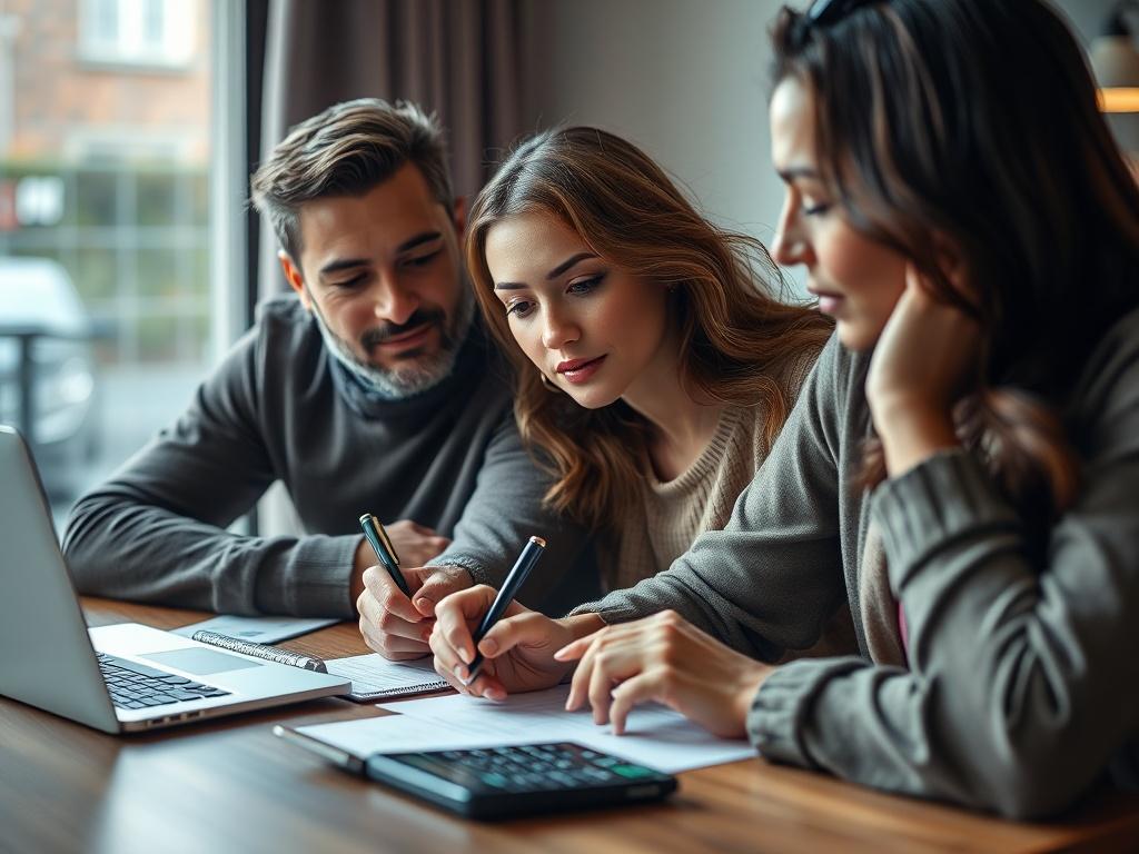 A close-up of a thoughtful couple sitting at a table, discussing and writing down their goals and budget for starting a franchise. The setting is warm and inviting, with a focus on their expressions as they engage in this important conversation. The background includes a notepad, a calculator, and a laptop, conveying a sense of planning and collaboration.