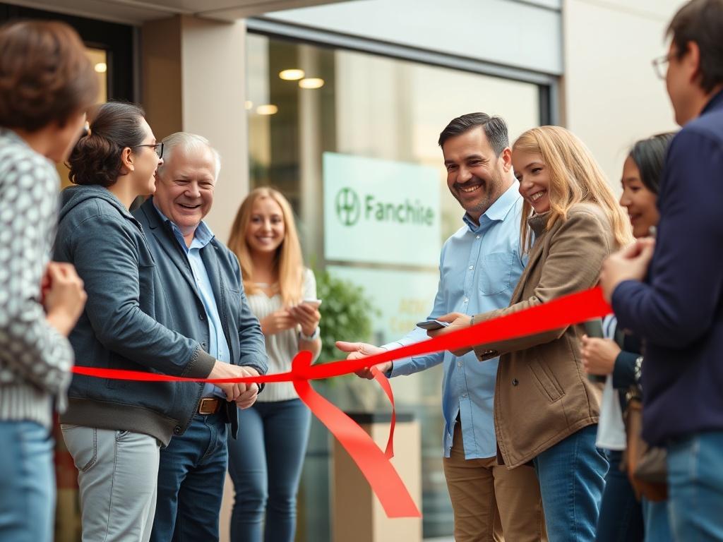 A celebratory scene of a new franchise owner cutting a ribbon outside their business, surrounded by happy customers and supporters. The focus is on the excitement and achievement of launching their franchise, reflecting the joy of entrepreneurship.