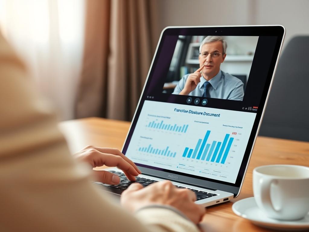 A professional setting where a person is on a video call with a franchisee, discussing the Franchise Disclosure Document. The focus is on the interaction, with a laptop open displaying charts and financial data, highlighting the importance of diligence in the franchise process.