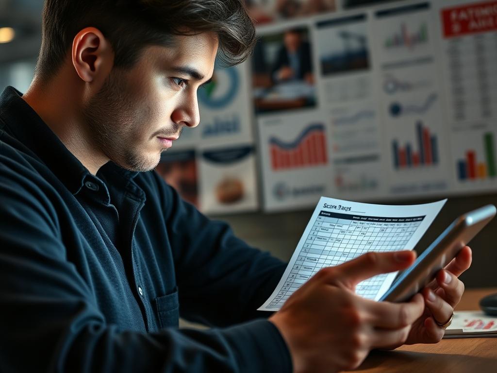 A focused individual analyzing a scorecard on a tablet or laptop, with a background featuring industry-related images and charts. The atmosphere conveys diligence and preparation, emphasizing the importance of research in selecting the right franchise opportunity.