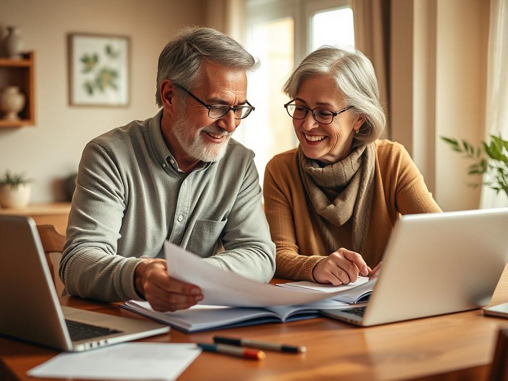 A close-up shot of a happy couple in their late 40s discussing plans at a dining table, with documents and a laptop open in front of them. They are engaged in a constructive conversation, symbolizing partnership and collaboration. The background is warm and inviting, reinforcing the theme of unity.