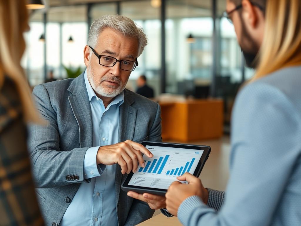 A close-up shot of a confident, verified franchise consultant in their 50s discussing options with a potential franchisee in an office setting. The consultant is pointing to a chart on a tablet, showcasing clarity and professionalism. The environment is modern and professional, emphasizing trust and expertise.