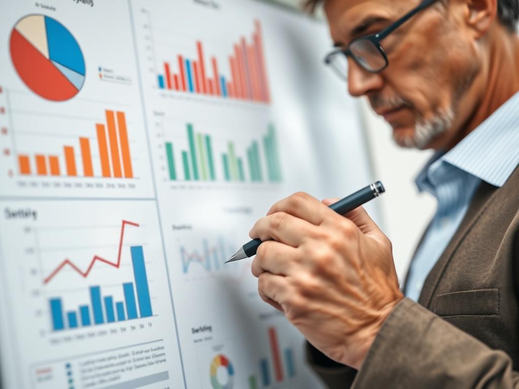 A close-up shot of a middle-aged Caucasian professional writing on a whiteboard, surrounded by charts and graphs that represent personal and financial goals. The background is softly blurred to emphasize the subject. The image conveys clarity, focus, and determination.
