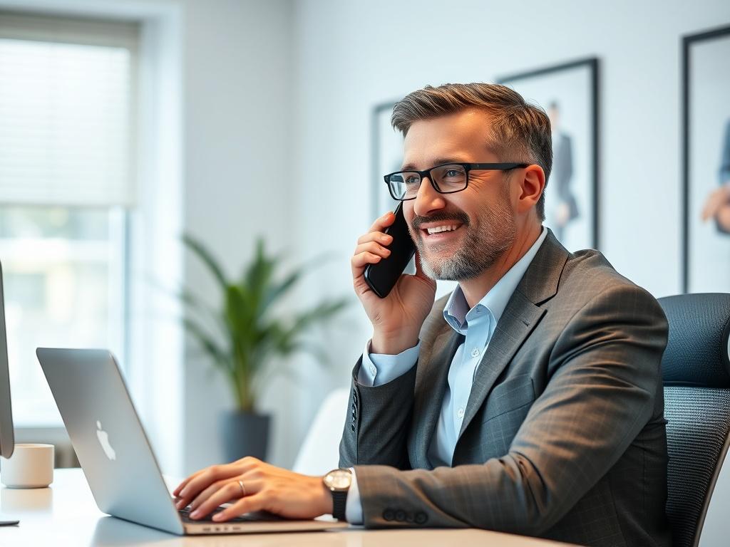 A professional-looking franchise consultant speaking on the phone at a clean, modern desk. The consultant is a middle-aged Caucasian male, wearing a smart casual outfit, smiling and engaged in conversation. The background features a bright office with minimalistic decor and a plant, creating a welcoming environment.