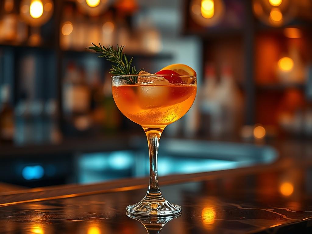 An elegantly presented signature cocktail in a stylish glass, garnished with fresh herbs and fruits, placed on a bar counter with soft ambient lighting creating a cozy atmosphere.