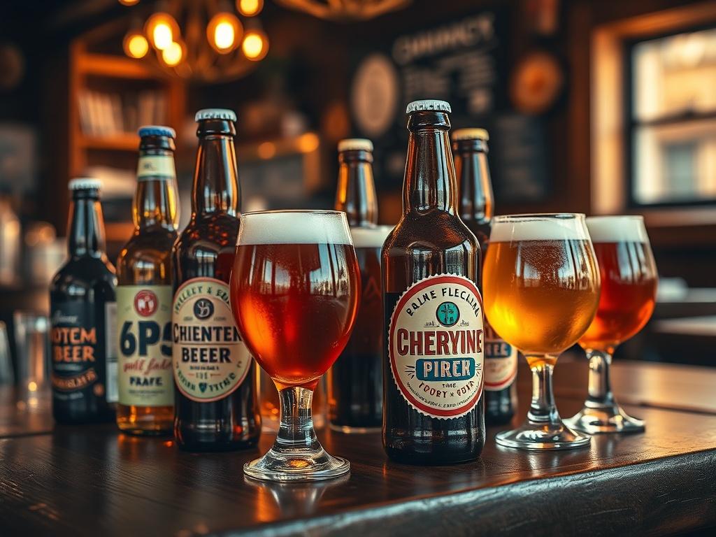 A close-up of various craft beer bottles and glasses on a wooden pub table, showcasing different colors and styles, with a warm, inviting atmosphere and soft golden lighting.
