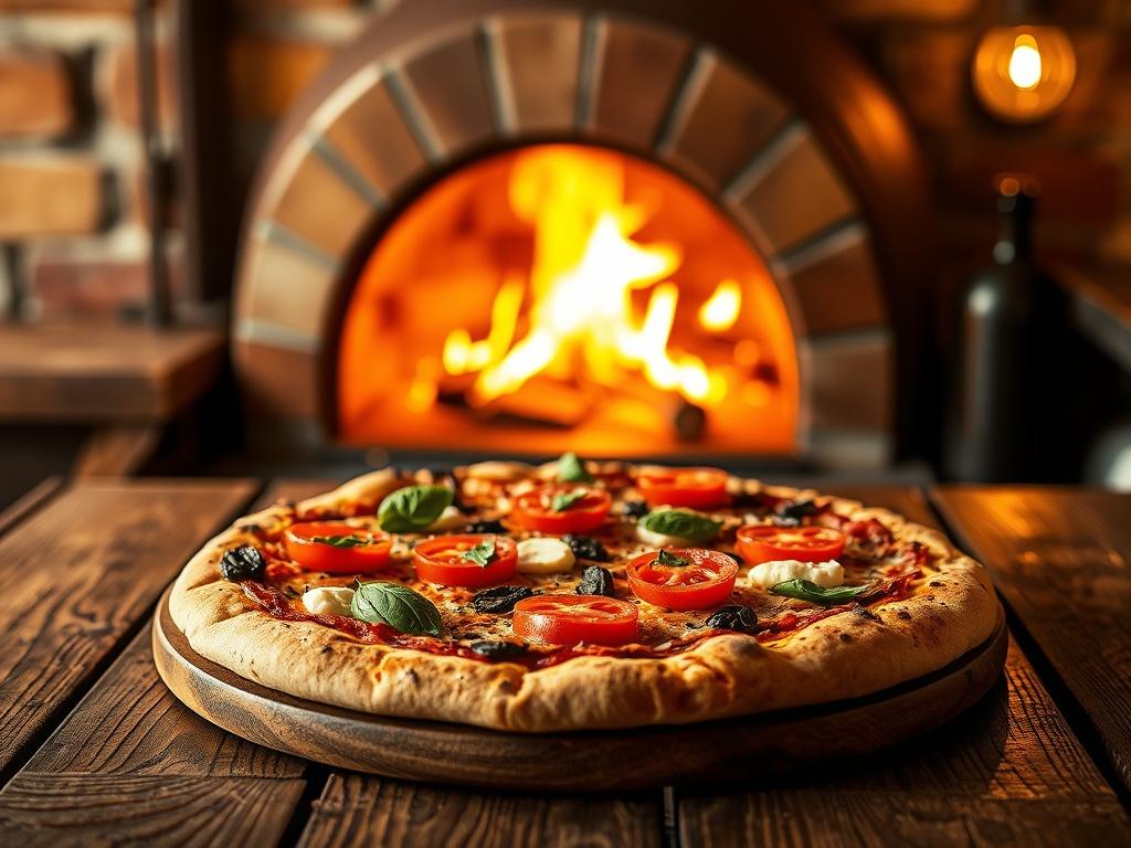A beautifully crafted wood-fired pizza on a rustic wooden table, showcasing vibrant toppings like fresh basil, mozzarella, and tomatoes, with the warm glow of a wood-fired oven in the background, soft golden hues and cozy lighting.