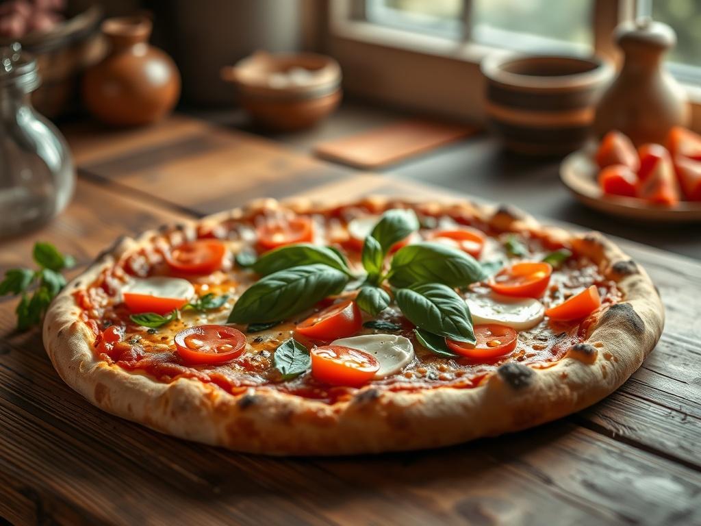 A realistic high resolution of a hand stretched pizza, freshly