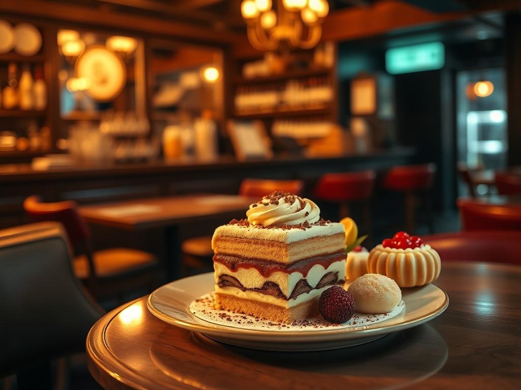 A high-resolution image of an elegant dessert plate featuring a beautifully arranged tiramisu and assorted pastries, set on a cozy table. The dessert is complemented by soft golden lighting, enhancing the inviting atmosphere of the pub. In the background, blurred details of the pub setting create a warm and welcoming vibe.