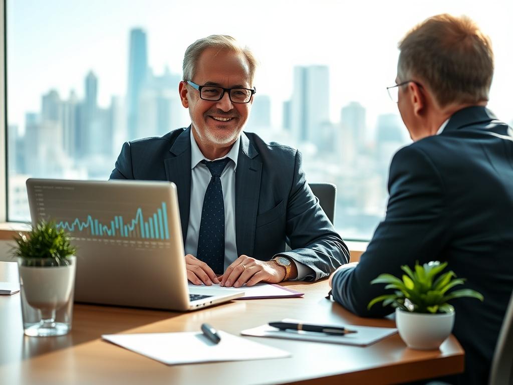 Create a realistic high-resolution photo of a single, confident financial advisor sitting at a modern desk in a well-lit office environment. The advisor is engaged in a discussion with a client, showcasing a laptop displaying financial charts and graphs that indicate portfolio performance. The advisor, a middle-aged person dressed in professional attire, exudes authority and approachability, with a friendly smile and focused demeanor. 

The background features a large window allowing natural light to illumi