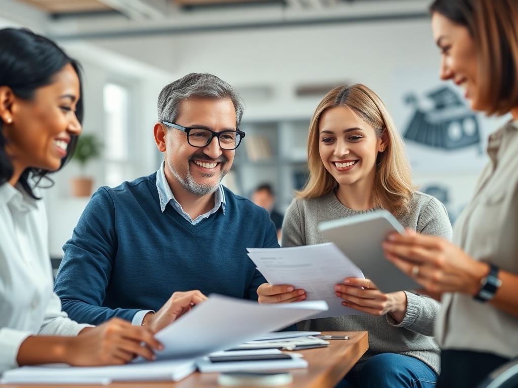 A modern graphic representing company-sponsored retirement plans with visuals of diverse employees engaging with retirement resources. Include elements such as happy employees, financial documents, and a supportive workplace environment to emphasize the importance of corporate retirement planning.