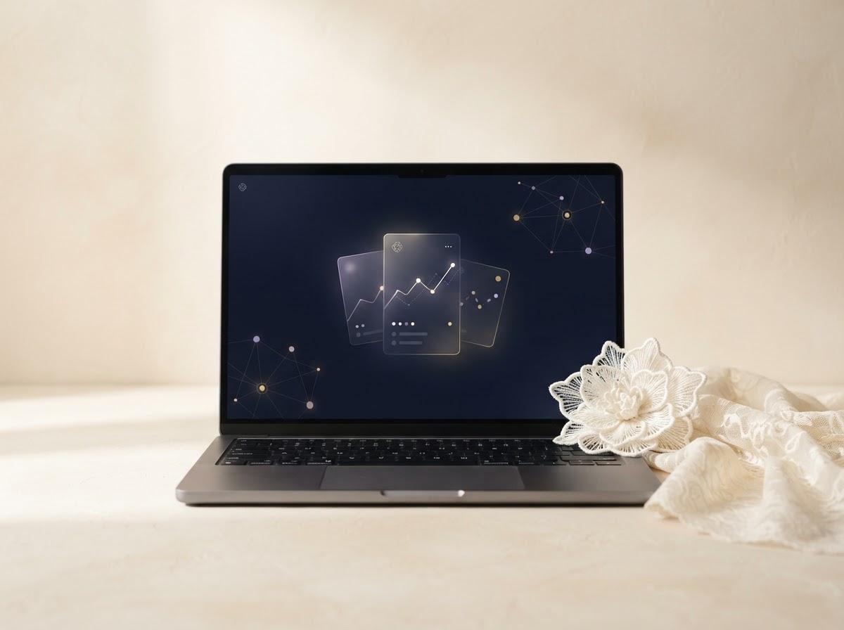 A refined wallet interface on a laptop alongside delicate ivory lace