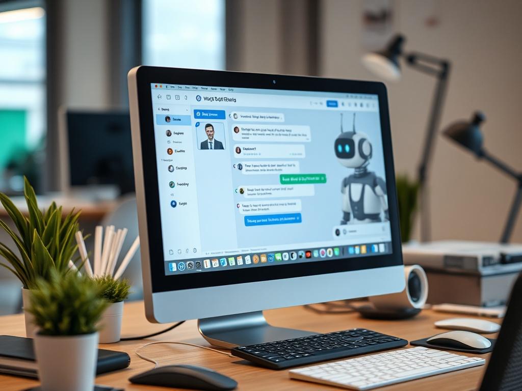 A close-up shot of a computer screen showing a chatbot interface, surrounded by office elements, illustrating advanced technology in customer service.