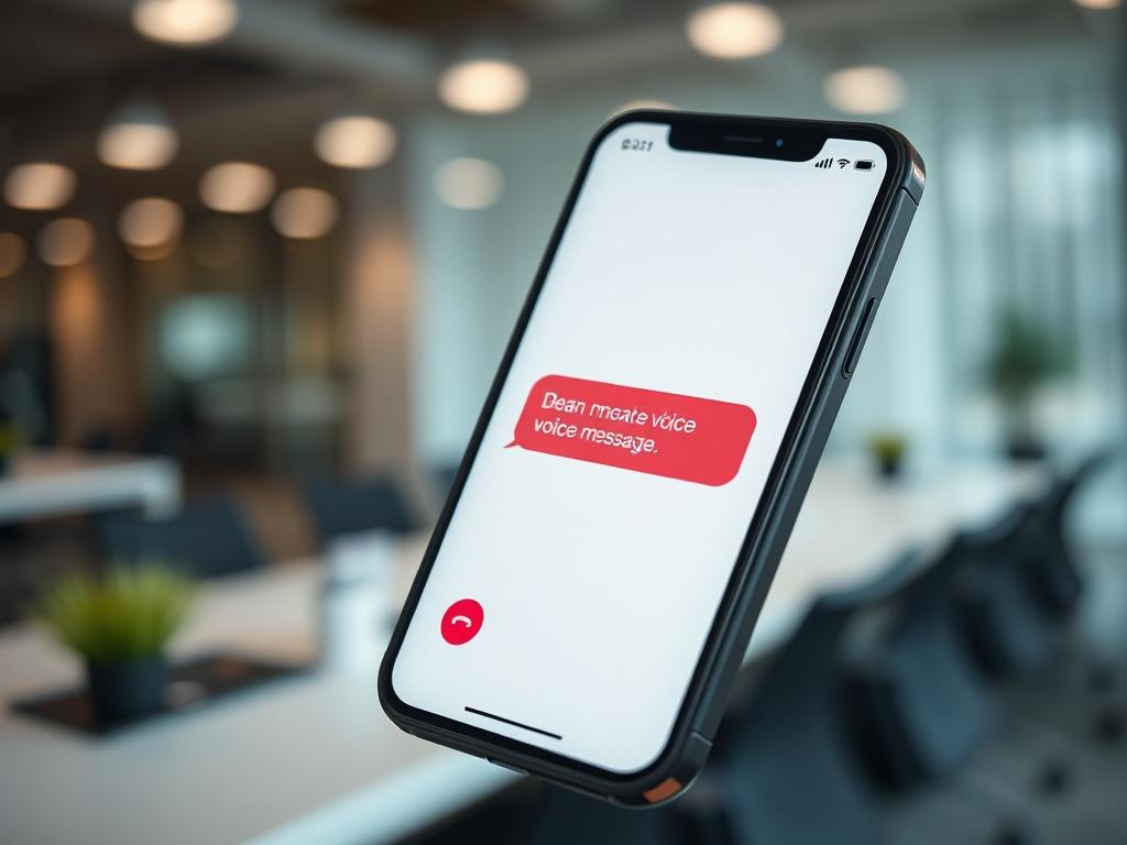 A close-up shot of a smartphone displaying a voice message app interface, with a blurred background of an office environment, emphasizing technology and communication.