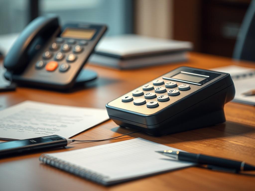 A close-up shot of a ringing phone on a desk, with a notepad and pen nearby, suggesting an active business environment and engagement.