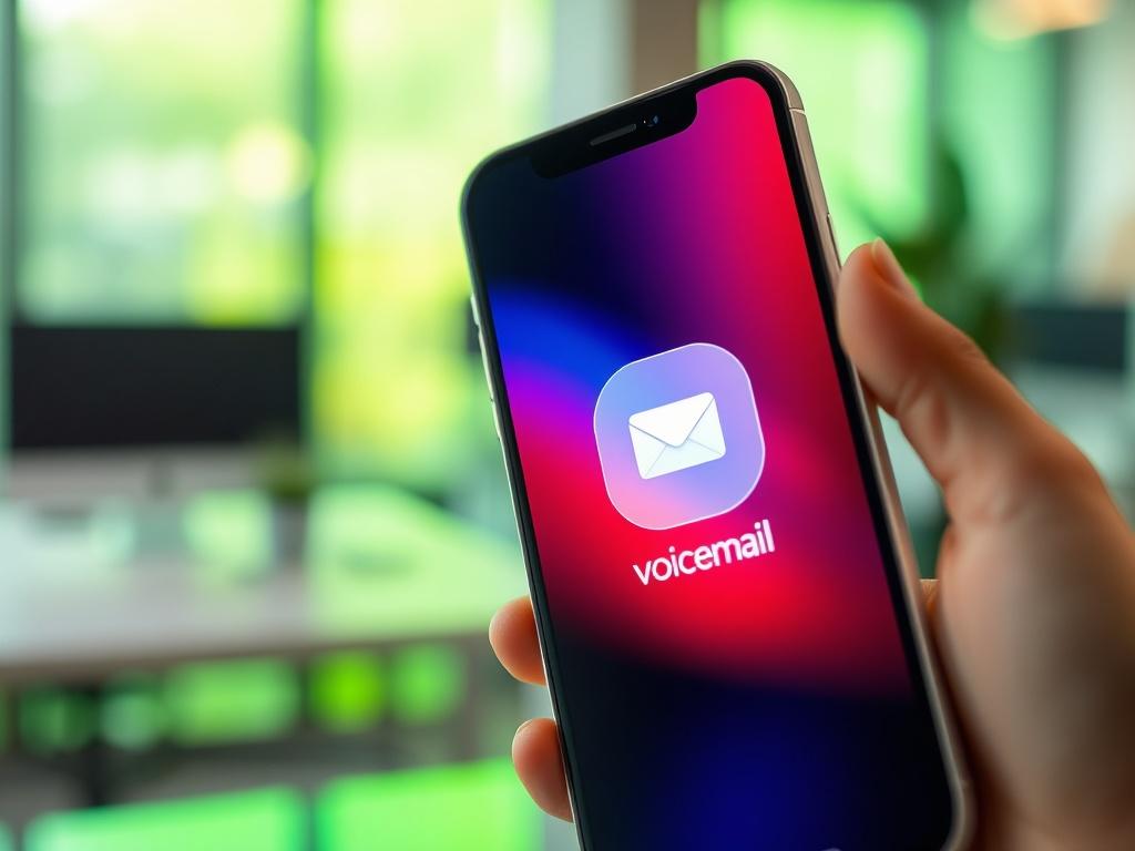 A hyper-realistic close-up image of a smartphone displaying a voicemail icon, with a blurred background of an office environment. The phone screen shows a colorful notification indicating a new voice message. The setting is bright and modern, emphasizing the technology aspect with a green hue in the background.