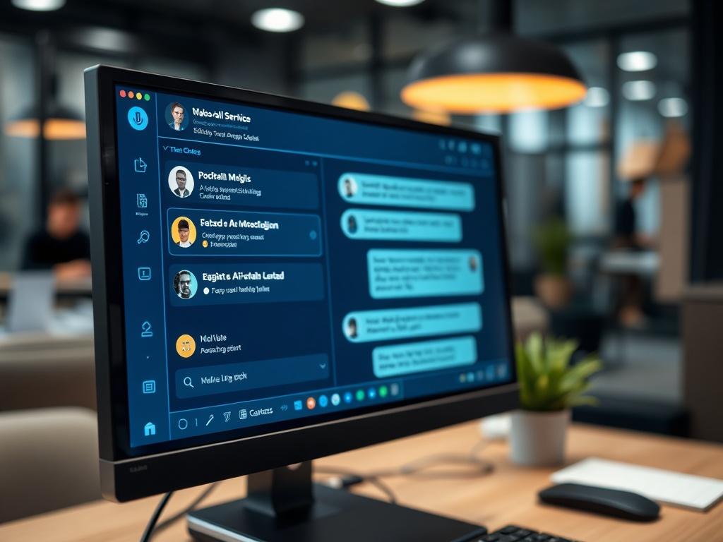 A hyper-realistic close-up image of a computer screen displaying an AI chatbot interface, with engaging colors and user-friendly design. The background shows a modern workspace, slightly blurred, emphasizing the technological aspect of customer service automation.