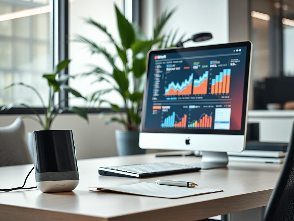 A realistic high-resolution photo of a modern office workspace showcasing advanced technology tools, such as a computer with marketing analytics on the screen and a digital assistant device. The composition should focus on a clean and organized desk with a plant in the background, maintaining a professional atmosphere. The lighting should be bright and inviting, reflecting a sense of innovation and productivity.