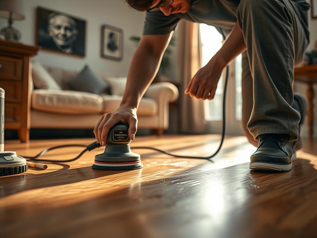 A close up shot of a technician repairing a hardwood