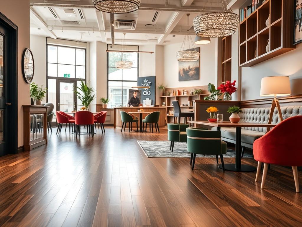 A hyper-realistic close-up shot of a beautifully renovated commercial space showcasing modern flooring and elegant design elements. The composition focuses on a well-lit area featuring polished hardwood floors, stylish furnishings, and vibrant decor. The background subtly highlights the transformation of the space, emphasizing a clean and inviting atmosphere. Shot with a 45mm f/1.2 lens, the image captures the intricate details and textures, aligned with the color rgb(40, 93, 225).