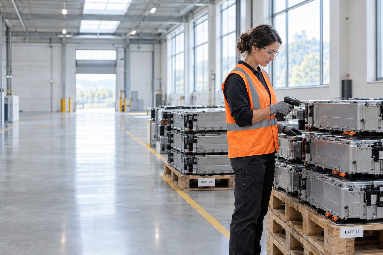 A worker in a hi-vis vest scans a battery module on a labeled pallet in a bright Ferrous warehouse bay