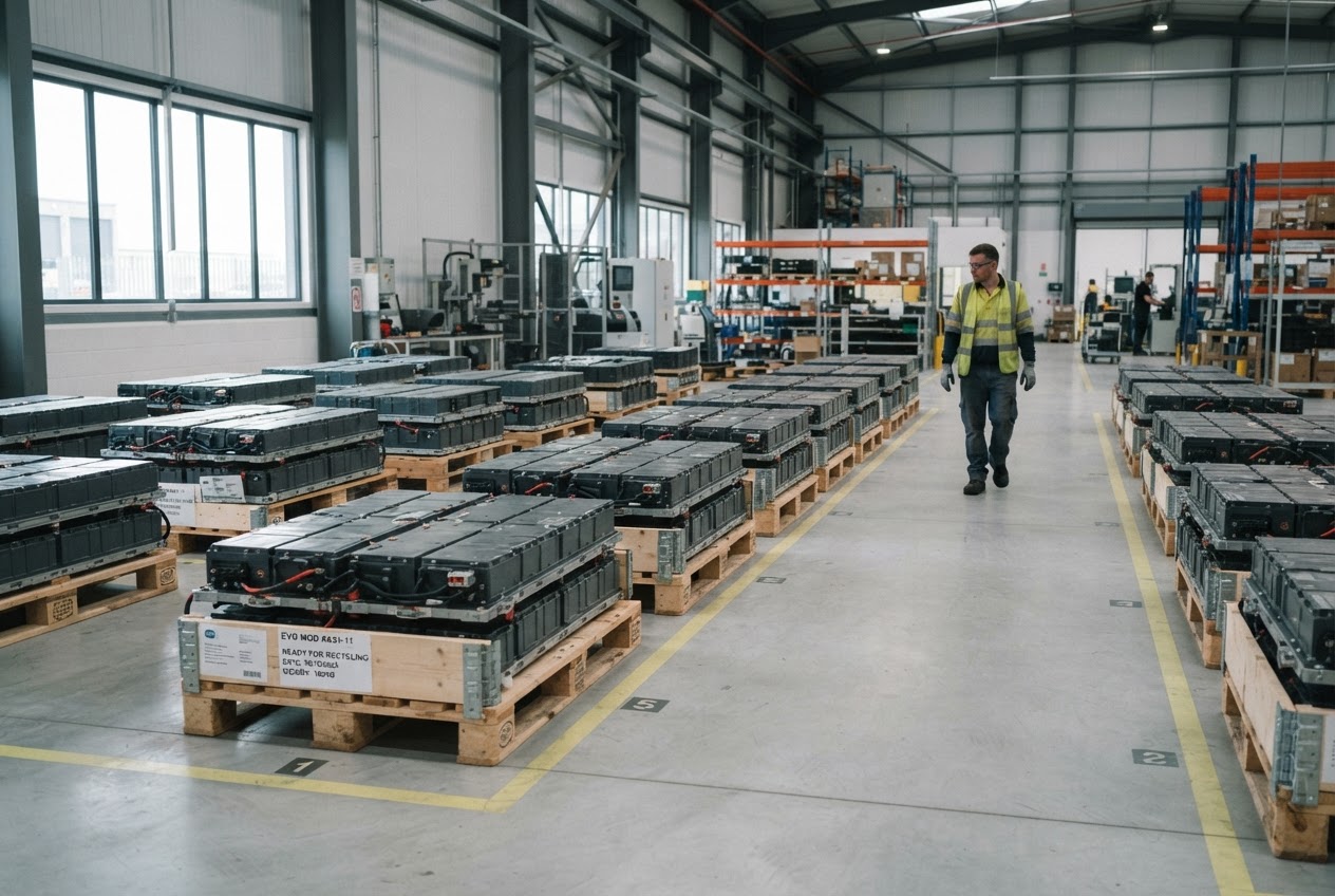 Rows of EV battery modules staged on labeled pallets in the Ferrous Hatfield Street facility