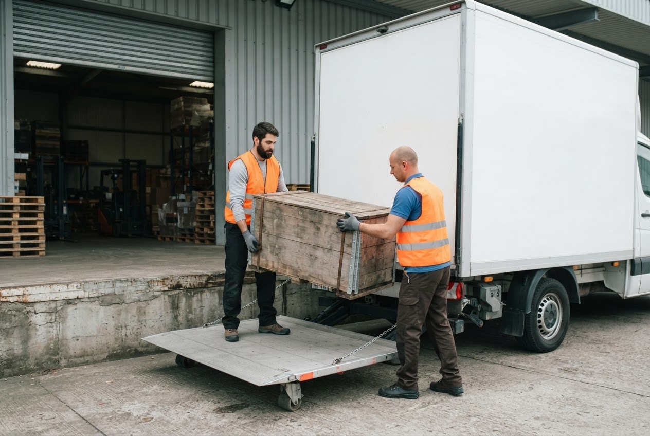 Two Ferrous crew members in hi-vis vests load a crated EV battery module onto a box truck lift gate