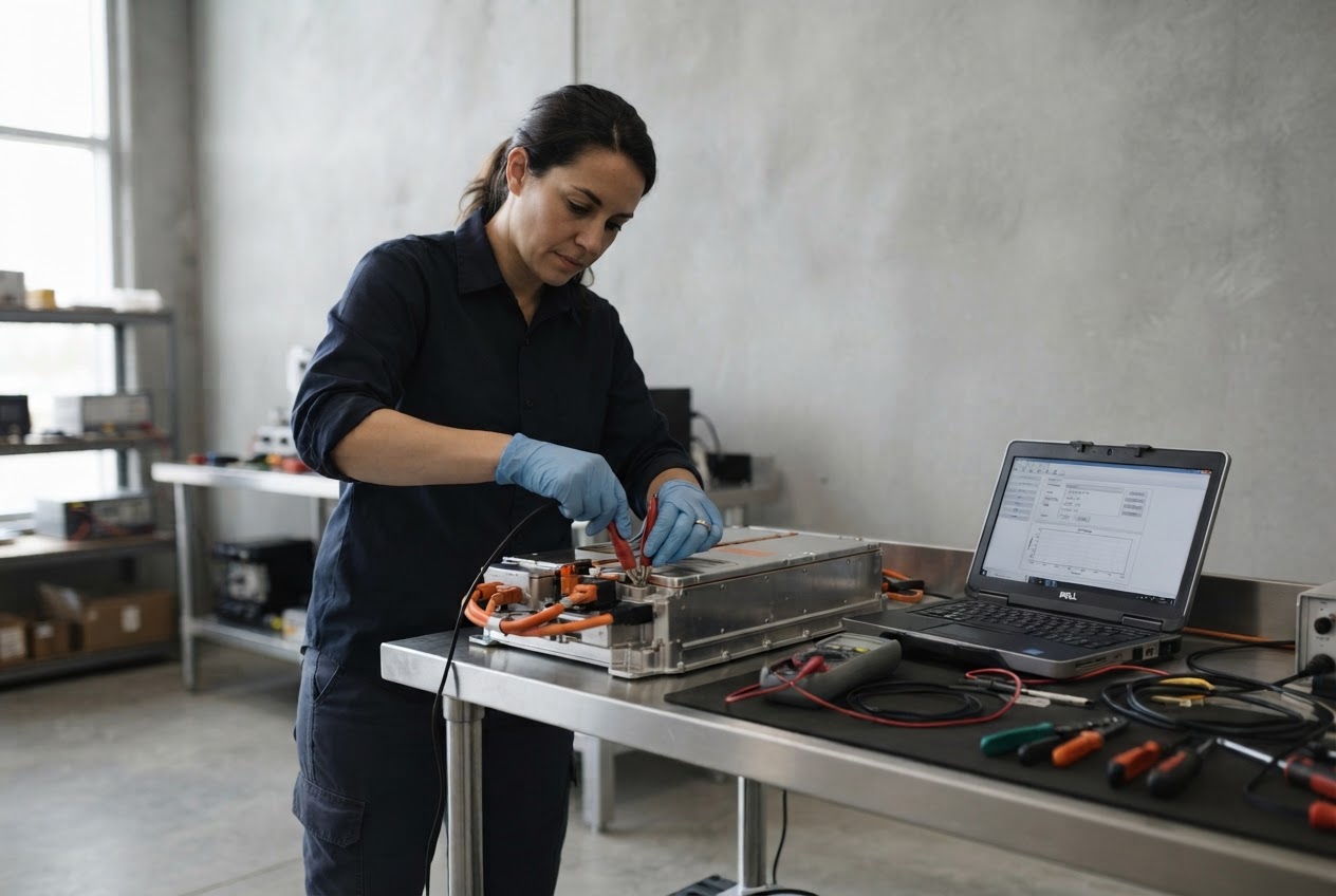 A Ferrous technician connects diagnostic leads to an EV battery module at a test bench