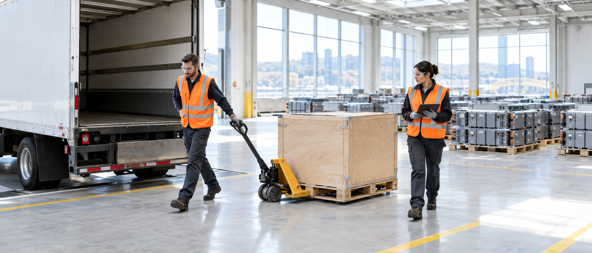 Two Ferrous crew members in hi-vis vests move a crated battery module on a pallet jack from a box truck onto the bright Hatfield Street facility floor