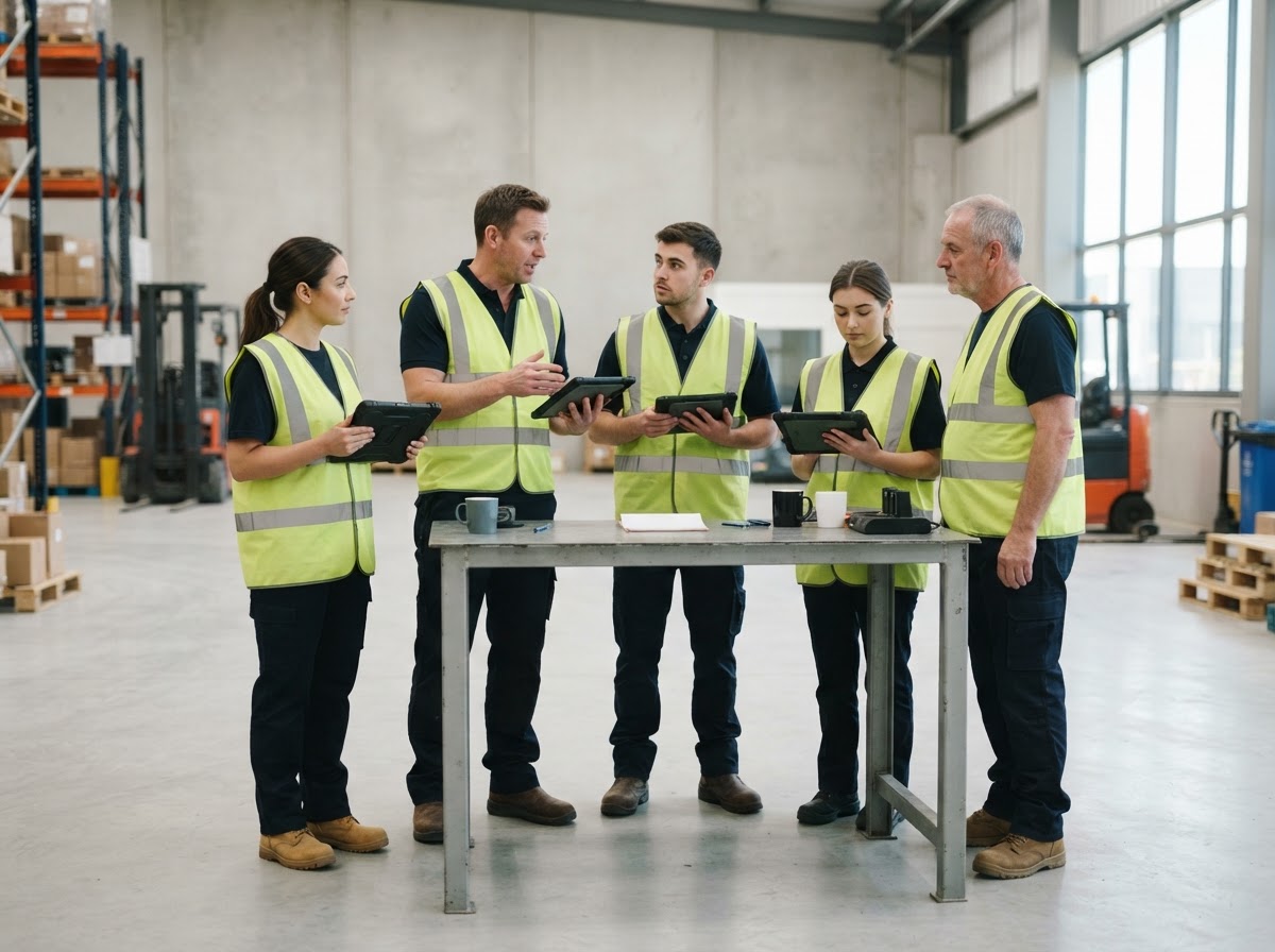 Five crew members in plain hi-vis vests gather around a table with tablets in a bright warehouse