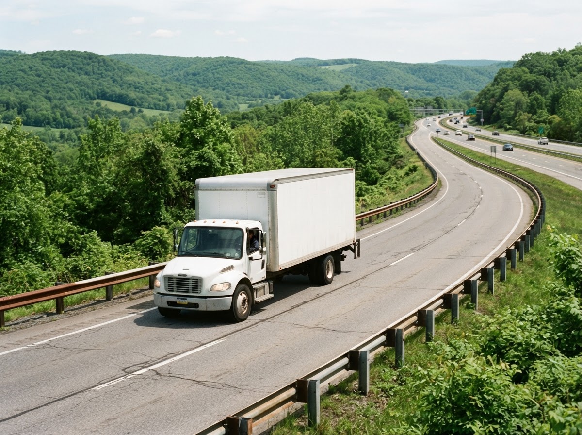 A plain white box truck climbs a highway on-ramp through Pennsylvania hills