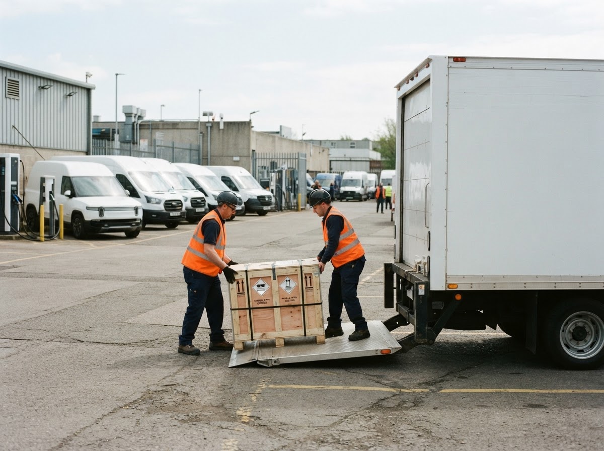 A two-person crew loads crated battery packs onto a box truck with a liftgate at an electric delivery-van depot