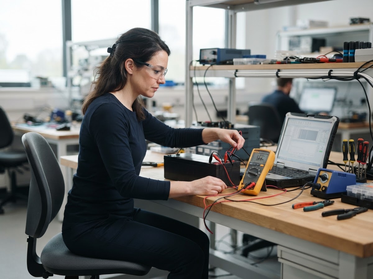 An engineer works at a test bench with a battery module connected to test leads and a laptop